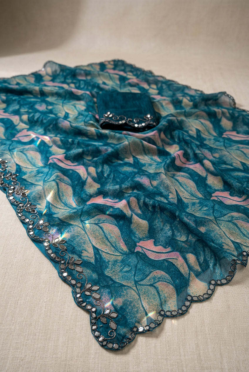 Fendy Luxury Georgette Printed Saree – Bollywood Party Wear with Aqua Blue Blouse Piece