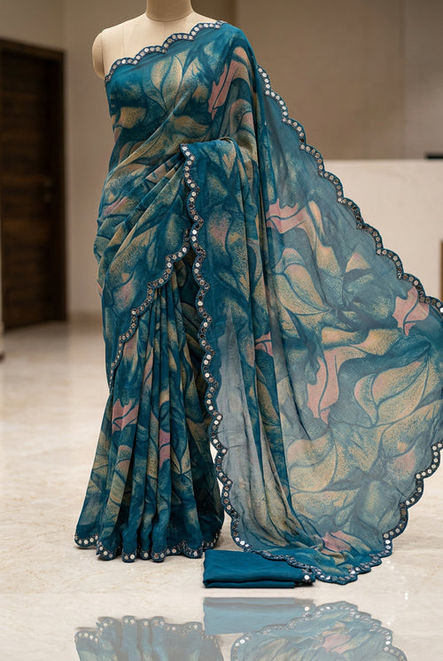 Fendy Luxury Georgette Printed Saree – Bollywood Party Wear with Aqua Blue Blouse Piece