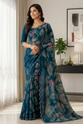 Fendy Luxury Georgette Printed Saree – Bollywood Party Wear with Aqua Blue Blouse Piece