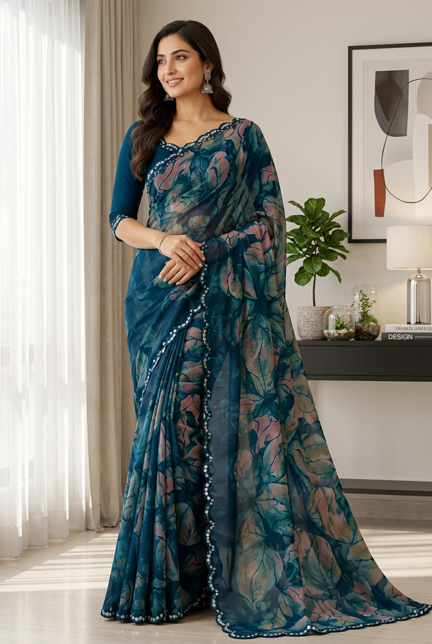 Fendy Luxury Georgette Printed Saree – Bollywood Party Wear with Aqua Blue Blouse Piece