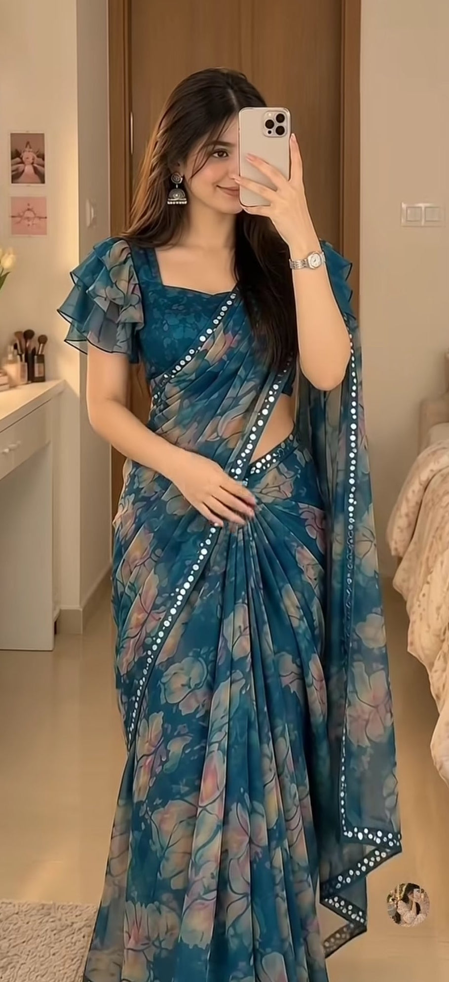 Fendy Luxury Georgette Printed Saree – Bollywood Party Wear with Aqua Blue Blouse Piece